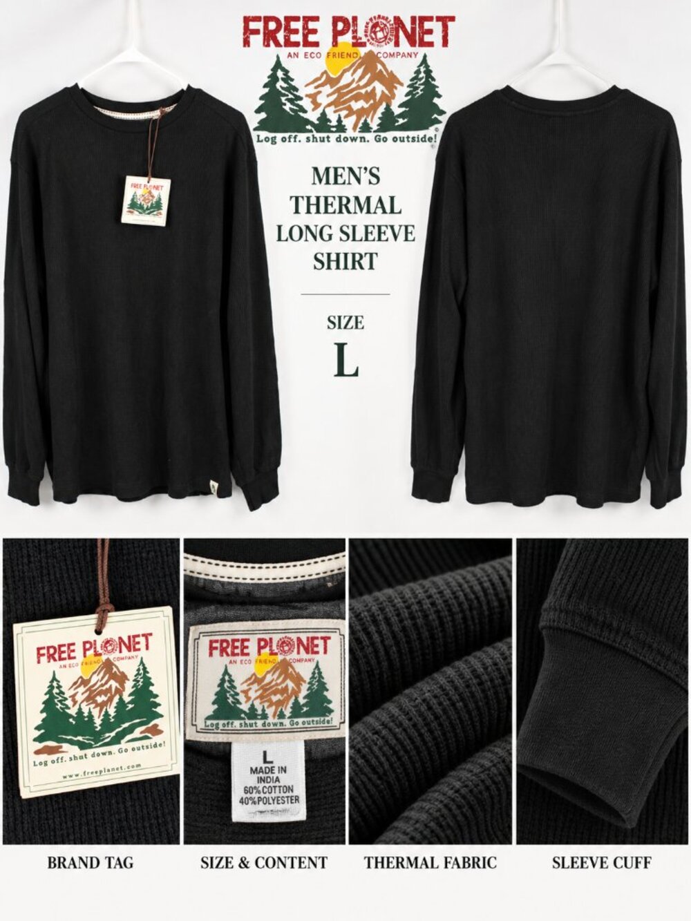 Free Planet Men's Black Long Sleeve Thermal Waffle Shirt L NWT